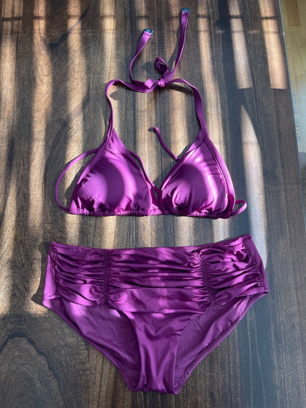 Seafolly Purple Triangle Halter Bikini with Ruched High-Waist Bottoms